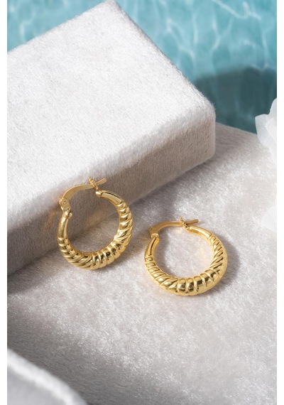 925 Ayar Gümüş Gold Rengi Çizgili Model 20 Mm Şarnel Küpe Gold