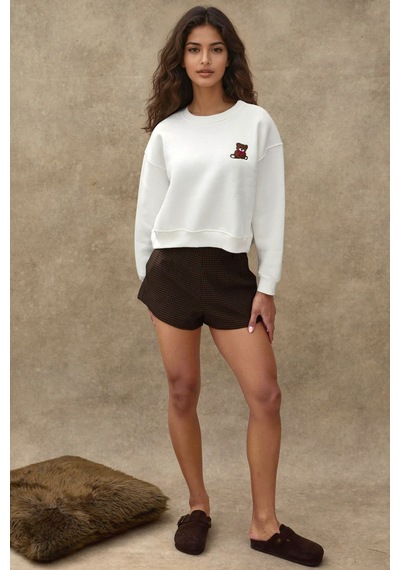 Hiccup İşlemeli Rahat Kesim Pamuklu Sweatshirt Tozlu Beyaz