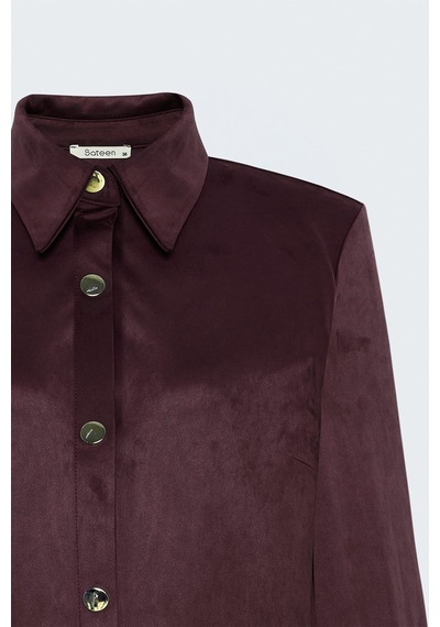 Sateen Çıtçıt Detaylı Süet Gömlek - Bordo-138126
