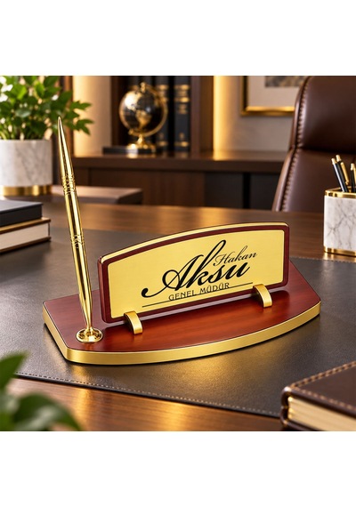 Bk Gift Kişiye Özel Kalemli Ahşap Masa İsimliği Gold Plakalı Bk26 -2 Çok Renkli