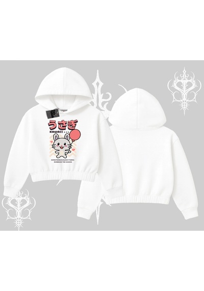 Startmore Kapşonlu Crop Sweatshirt Usagi Kawaii Cute Heart Energy Beyaz