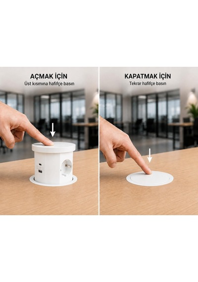 Beyaz Pop Up Gömme Masa Prizi Usb'li Ve Kablosuz Şarjlı Masaüstü Ofis Prizi Standart