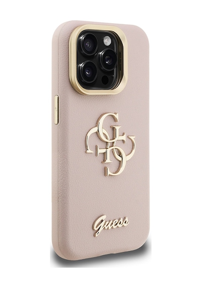 Apple iPhone 15 Pro Uyumlu Kılıf Guess Lisanslı Grained Yazı Logolu Kamera Standlı Kapak Pembe