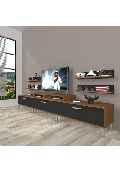 Decoraktiv Ekoflex 270r Slm Krom Ayaklı Tv Ünitesi Tv Sehpası Ceviz - Siyah