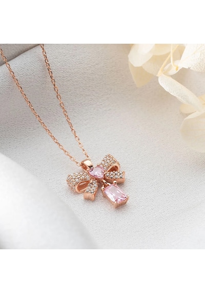 Vaoov 925 Ayar Gümüş Pembe Baget Taşlı Kalpli Kurdele Kolye Rose