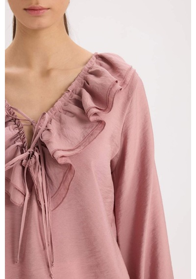 DeFacto Regular Fit Fırfırlı V Yaka Basic Düz Uzun Kollu Bluz E3393AX24WNPN429 Pembe