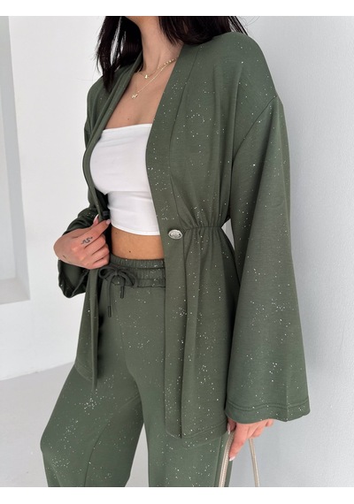 Kadın Simli Uzun Kol Modal Kumaş Kimono Pantolon İkili Takım Şık Ve Rahat Kadın Takım Yeşil Kadın Simli Uzun Kol Modal Kumaş Kimono Pantolon İkili Takım Şık Ve Rahat Kadın Takım Yeşil
