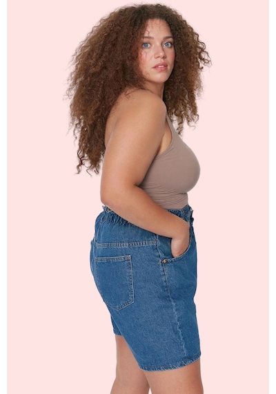 Ersefa Kadın Pamuklu Denim Şort Beli Lastikli Geniş Paça Yazlık Günlük K mavi