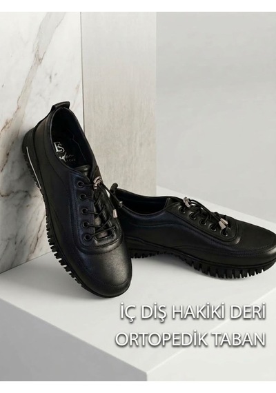 Ender Hakiki %100 Deri Tırtıklı Taban Kadın Spor Ayakkabı Siyah