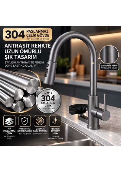 Alfas Bardak Yıkayıcılı Çekmeli 360 Döner Mutfak Eviye Bataryası 4 Fonksiyonlu 304 Çelik Antrasit