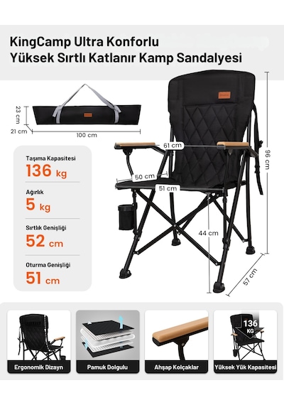 Kingcamp Polar Comfort Plus Ultra Konforlu Katlanır Kamp Sandalyesi Black Siyah