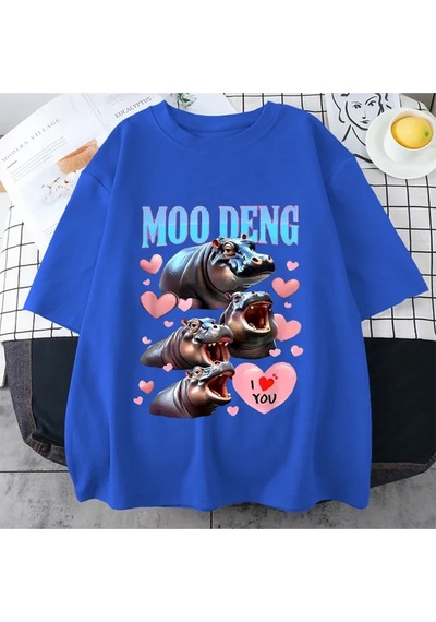 Flood Of Style Komik I Love Moo Deng Sevimli Bebek Hippo Sevgilisi Meme T Shirt Erkek Kadın Moda Gotik Rahat Mavi
