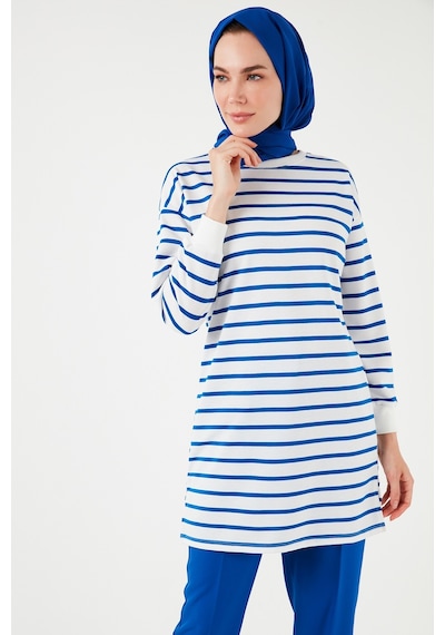 Lela Modest Çizgili Pamuklu Regular Fit Bisiklet Yaka Bayan Tunik 5865784 Saks