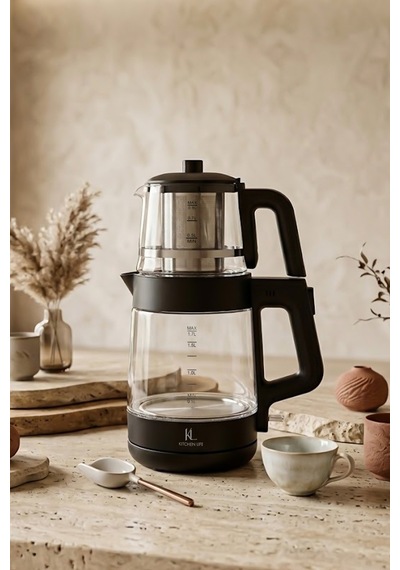 Demzade Isıya Dayanıklı Borosilikat Cam Elektrikli Çay Makinesi Alt 1,7 Lt Üst 0,9 Lt 1850-2200 W Kettle Çaycı Çay Seti