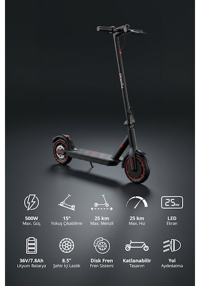 5010-k 500w Elektrikli Scooter 36v 7.8ah Pil Led Aydınlatma Lcd Ekran Uygulama Destekli Katlanabilir Kırmızı