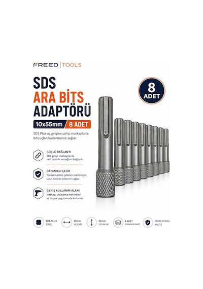 Sds Plus 8 Adet 10x55 Mm Ara Bits Adaptörü Matkap Uç Dönüştürücü
