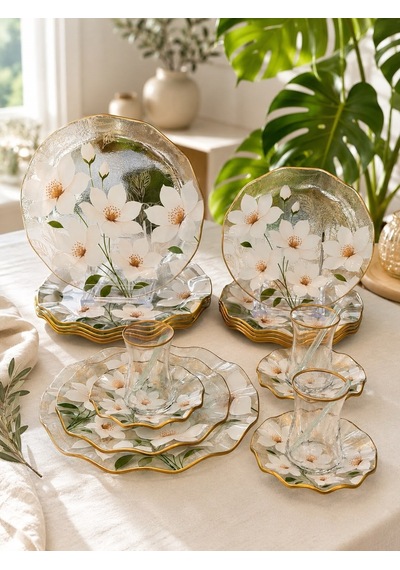 30 Parça Flora Elegance Servis Pasta Çay Takımı Gold-5408 Şeffaf