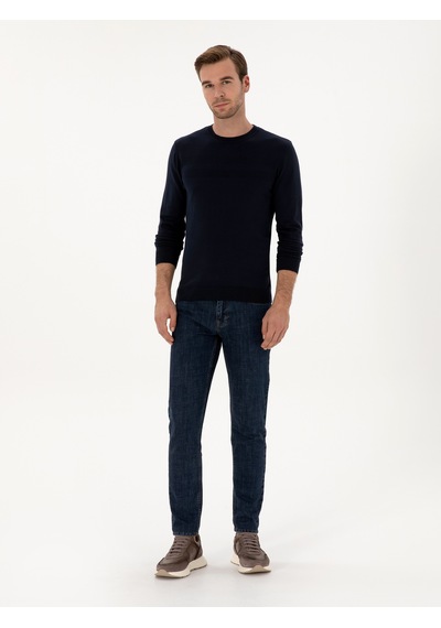 Cacharel Lacivert Slim Fit Pamuk Karışımlı Bisiklet Yaka Triko Kazak