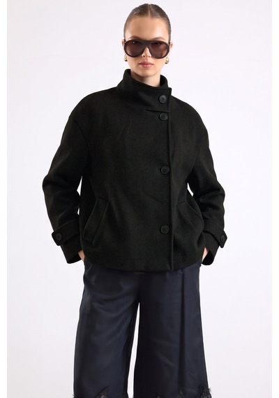 Olcay Dik Yaka Oversize Kısa Kaban Siyah 3203