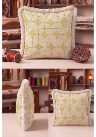 Geometrik Daire Motifli Saçaklı Yastık Kılıfı - Art Deco Şampanya Bej Vizon Püsküllü Kırlent Kılıfı Beyaz