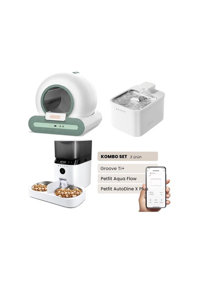 Groove Ti+ Akıllı Otomatik Kedi Tuvaleti Yeşil - Petfit Aqua Flow Akıllı Bataryalı Su Pınarı Çeşmesi + Petfit Autodine X Plus Akıllı Otomatik Mama Kabı Bundle