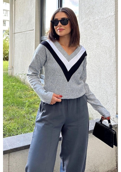 WeShaya Kadın Gri Uzun Kollu V Yaka Color Block Bluz Sweatshirt & Pamuklu Kazak Gri