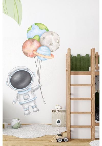 Sevimli Astronot Ve Balonlar Temalı Çocuk Ve Bebek Odası Dekoratif Duvar Sticker Seti