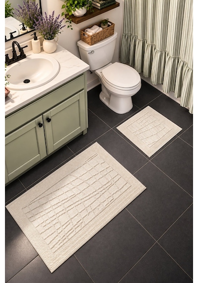Sakura Sk016a Doğal Pamuk 2'li Banyo Paspas Seti 60x100 60x50cm Kaymaz Taban Makinada Yıkanabilir Kemik