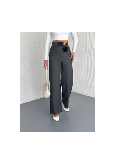 Gugus Kadın Cepsiz Dokuma Kumaş Pantolon Beli Cırtlı Bol Paça Wide Leg Model Füme