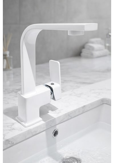 Beyaz Kare Banyo Lavabo Bataryası Musluğu Beyaz Krom Lavabo Bataryası Beyaz