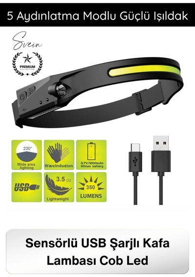 Kafafeneri Sensörlü Usb Şarjlı Kafa Lambası Cob Led 5 Aydınlatma Modlu Güçlü Işıldak Dahili Pilli A Beyaz