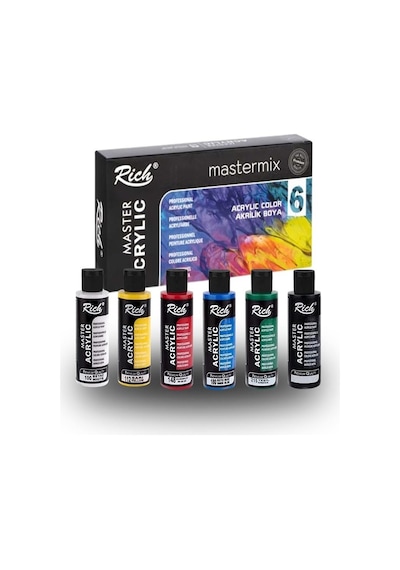 Rich Mastermix Akrilik Boya 6 Renk 60 Ml 1 Paket Ana Renkler Akrilik Boya 6 Lı Profesyonel Tuval Canvas Çok Renkli