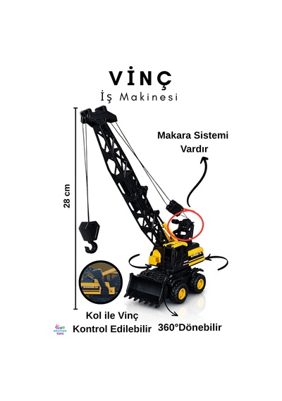 Büyük Boy Vinç Kepçe Sarılır Makaralı İpli Oyuncak İş Makinesi Paletli İş Makinası 28 Cm.