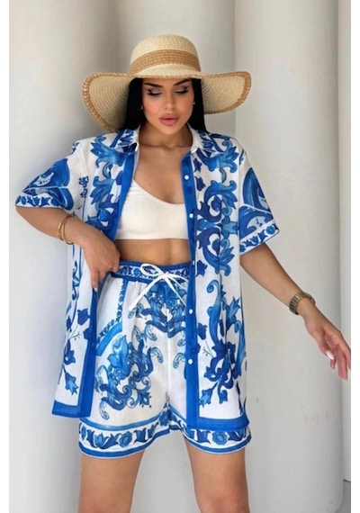 Asprin Fashion Keten Kumaş Şortlu Takım Mavi