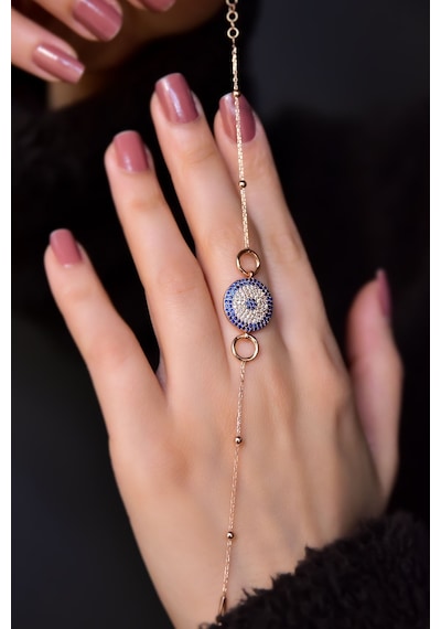 Papatya Silver 925 Ayar Gümüş Rose Kaplama Top Zincirli, Zirkon Taşlı Halkalı Nazar Bileklik