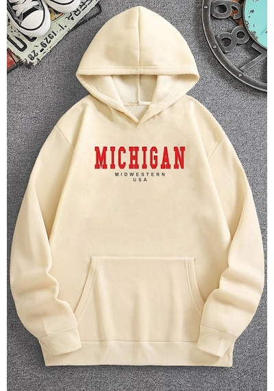 Uyguntarz Unisex Michigan Baskılı Sweatshirt Bej