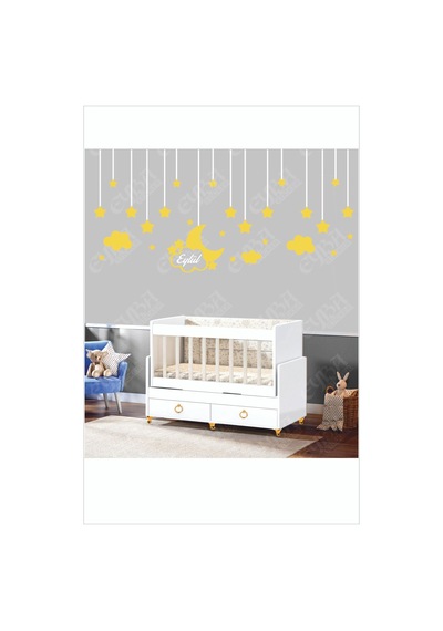 Bebek Odası Çocuk Odası Sticker 65 Parça Kişiye Özel Isimli Ay Yıldız Bulut Sticker Çıkartma Sarı
