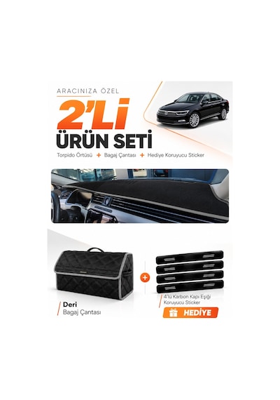 Volkswagen Passat B8 2015-2020 Uyumlu Torpido Örtüsü + Deri Bagaj Çantası + Sticker - Siyah Gri
