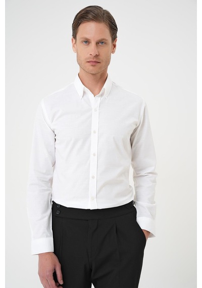 Efor Slim Fit Düğmeli Yaka Dokulu %100 Pamuk Klasik Beyaz 2 Gömlek Gk 726 Beyaz