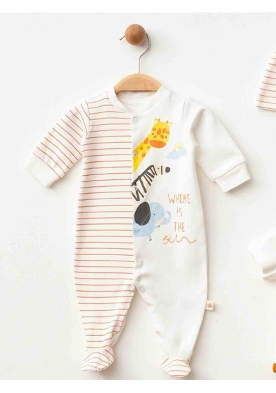 Zekids 3 Lü Organik Bebek Safari Desenli Şapkalı Tulum Seti-16187 Çok Renkli
