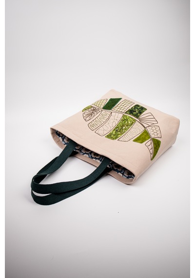 Fabric Craft Bag Omuz Çantası Duck Kumaş Patchwork Sashiko El İşlemeli Astarlı Telalı Günlük Çanta 44x34 Cm Acı Kahverengi - Bej