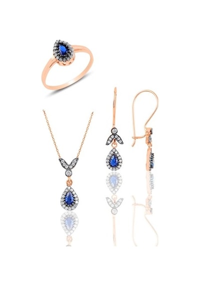 Gümüş Rose Safir Taşlı Damla Üçlü Set