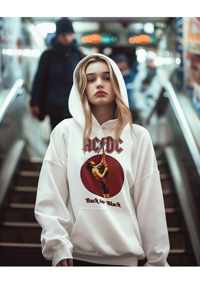 Sevbano Ac Dc Back In Black Baskılı Unisex Oversize Rock Metal Hoodie Beyaz