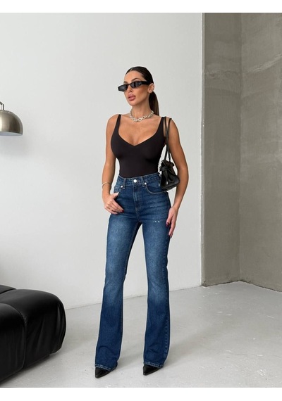 Yüksek Bel Koyu Mavi İspanyol Paça Kadın Denim Pantolon Mavi