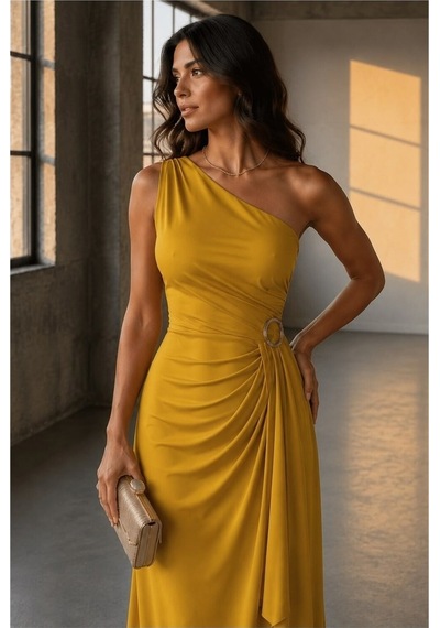 DefyModa Kadın Modern Stil Tek Omuz Kemerli Maxi Abiye Elbise Sarı
