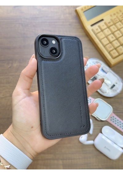 Apple iPhone 14 Uyumlu Premium Deri Dokulu Darbelere Karşı Dayanıklı Nazal Silikon Kılıf Siyah