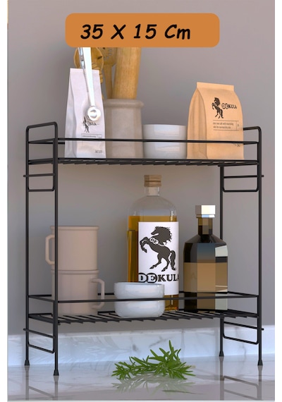 2 Katlı Mutfak Rafı Banyo Dolabı Çok Amaçlı Düzenleyici Baharatlık Masa Üstü Tezgah Raf Organizer 35x15 Siyah