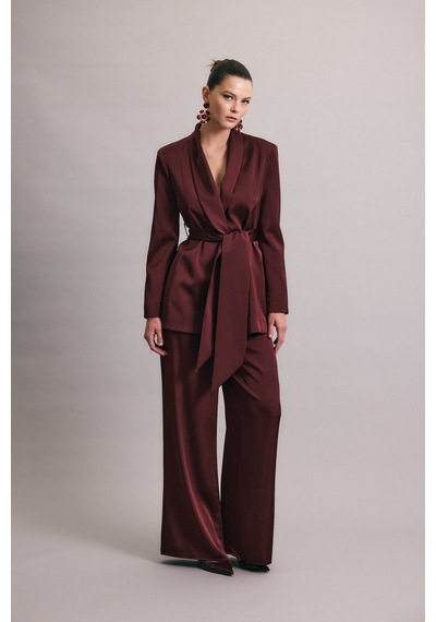 Sateen Kuşaklı Saten Ceket - Bordo-137007 Bordo