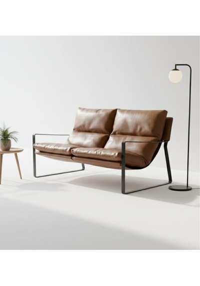 Sller Modern İkili Koltuk - Loft Tasarım Deri/kumaş Bahçe Ve Balkon Kanepesi - Metal İskeletli 130 Cm Taba