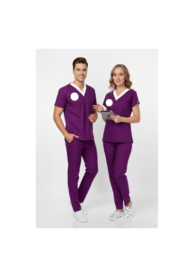 Unisex Mor Sorumlu Ebe Yeni Yönetmeliğe Uygun Armalı Yeni Doğan Scrubs Üniforma Takımı Mor Mor